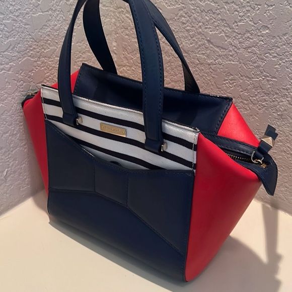 Kate Spade 2 Park Avenue Leather Handbag Purse Nautical Red White Blue Pristine - Picture 10 of 15